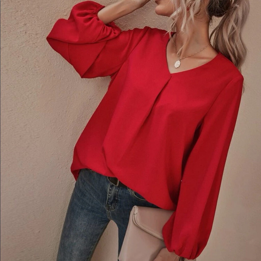 V-Neck Lantern Sleeve Solid Blouse